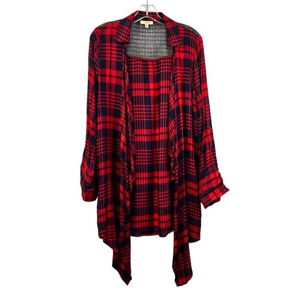Kori Open Front Red/Navy Plaid Lightweight Cardigan Roll Tab Sleeve Size Medium - Picture 1 of 9